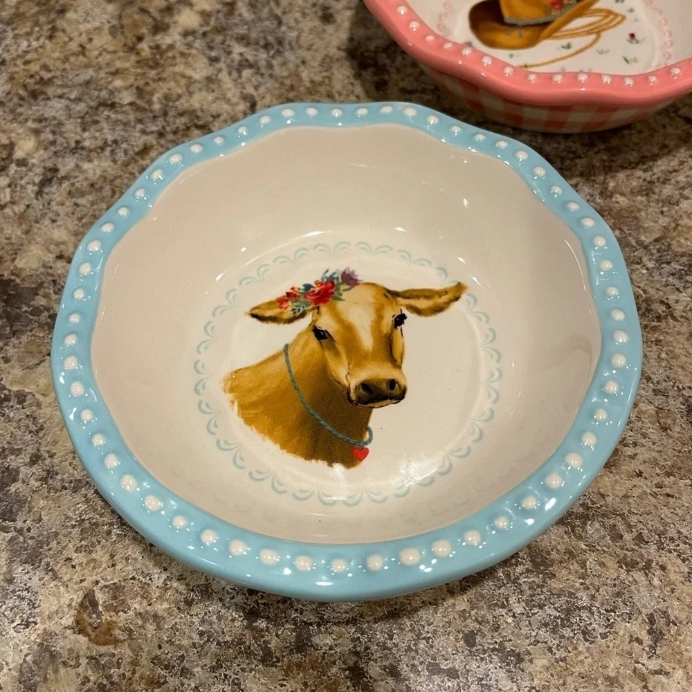 Pioneer Woman Country Cow and Cow Girl Hat 5.5” Bowls Pink and Blue Set of Two